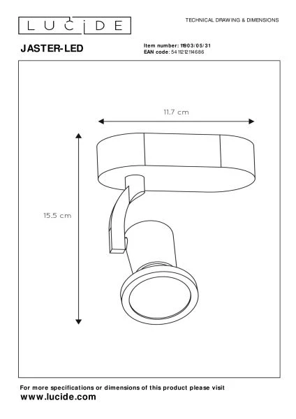 Lucide JASTER-LED - Plafondspot - LED - GU10 - 1x5W 2700K - Wit - technisch